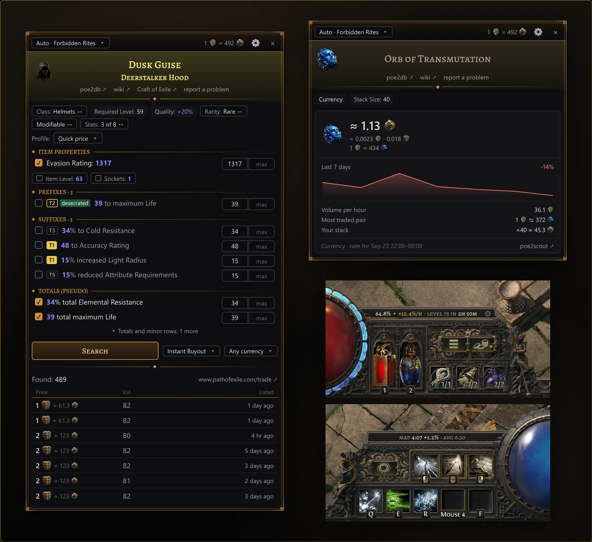 The PoE2 Oracle price panel, a currency’s market card and both XP overlay plates